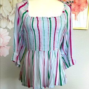 Crown & Ivy Pink and Blue Smocked Peplum Blouse